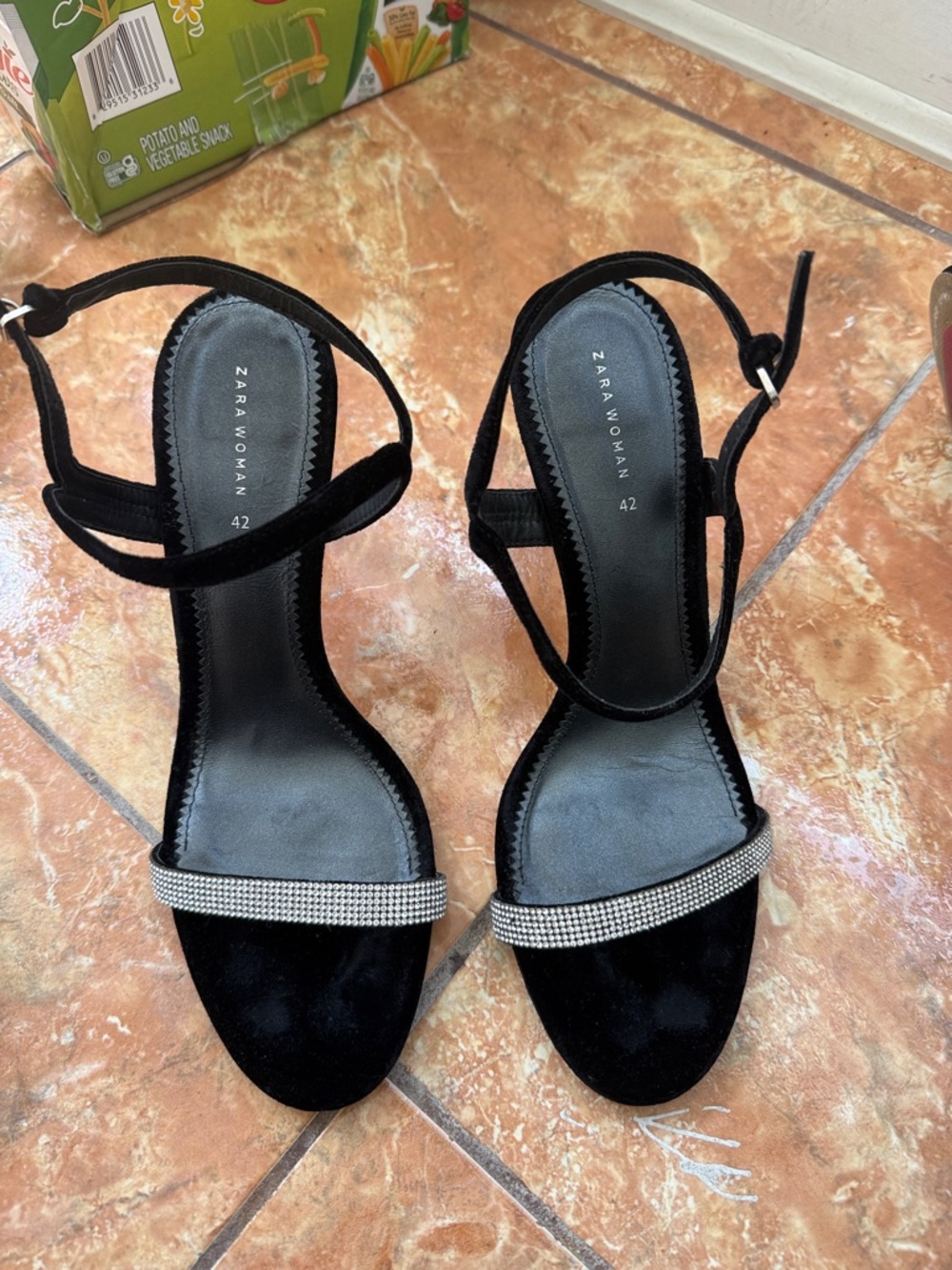 Zara Black Ankle-Strap Heels with Rhinestone Front
